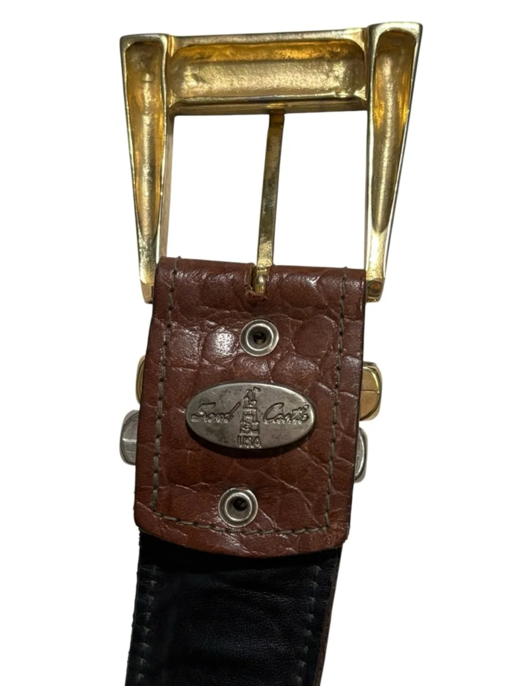 Vintage Sand Castle USA Studded Leather Western Belt Brown Gold Silver Rodeo